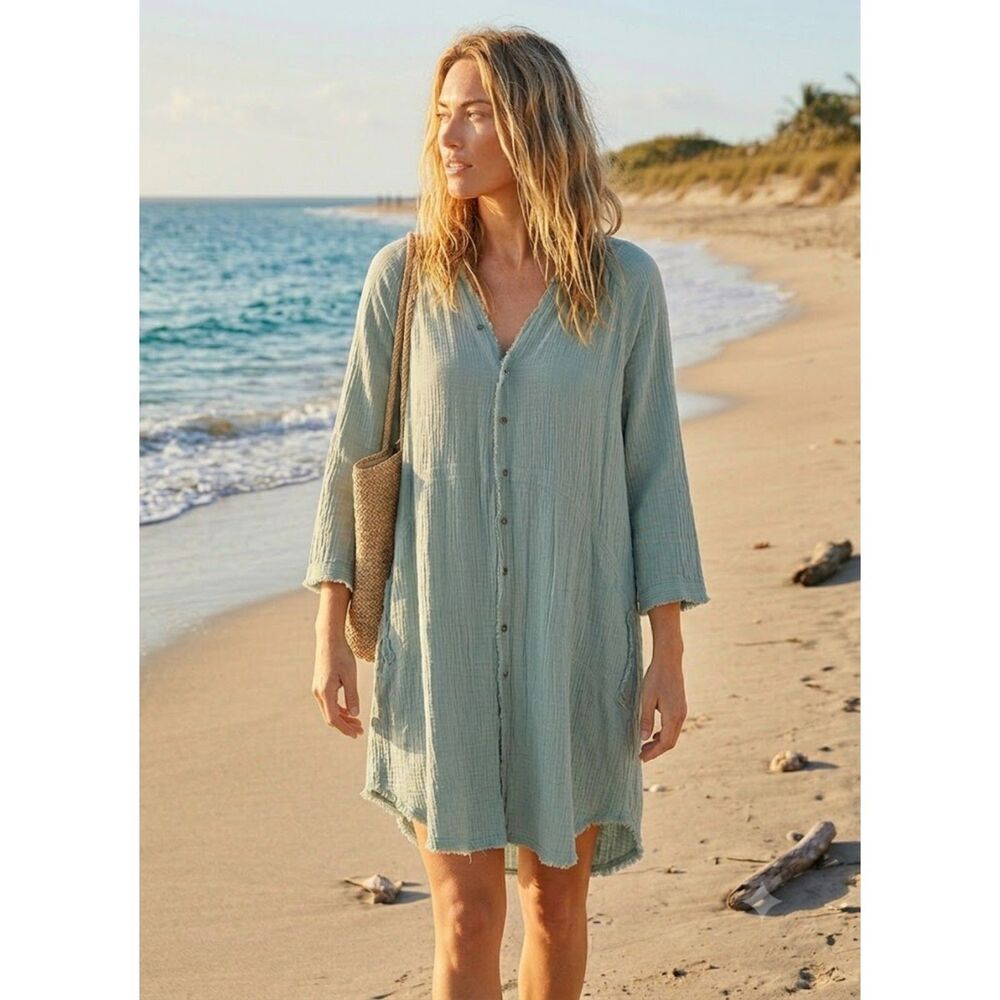 Peach Love Coastal Moss Green Cotton Gauze Tunic Mini Shirt Dress Beach Granola